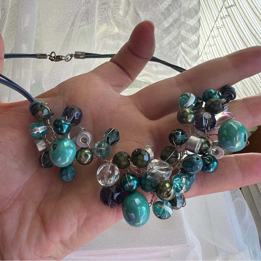 Turquoise Blue Ceramic Bead & Crystal Mixed Media Beaded Necklace Handmade NEW - Picture 12 of 17
